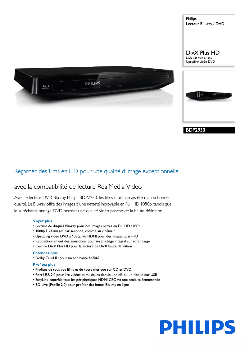 Page 1 de la notice Fiche technique Philips BDP2930