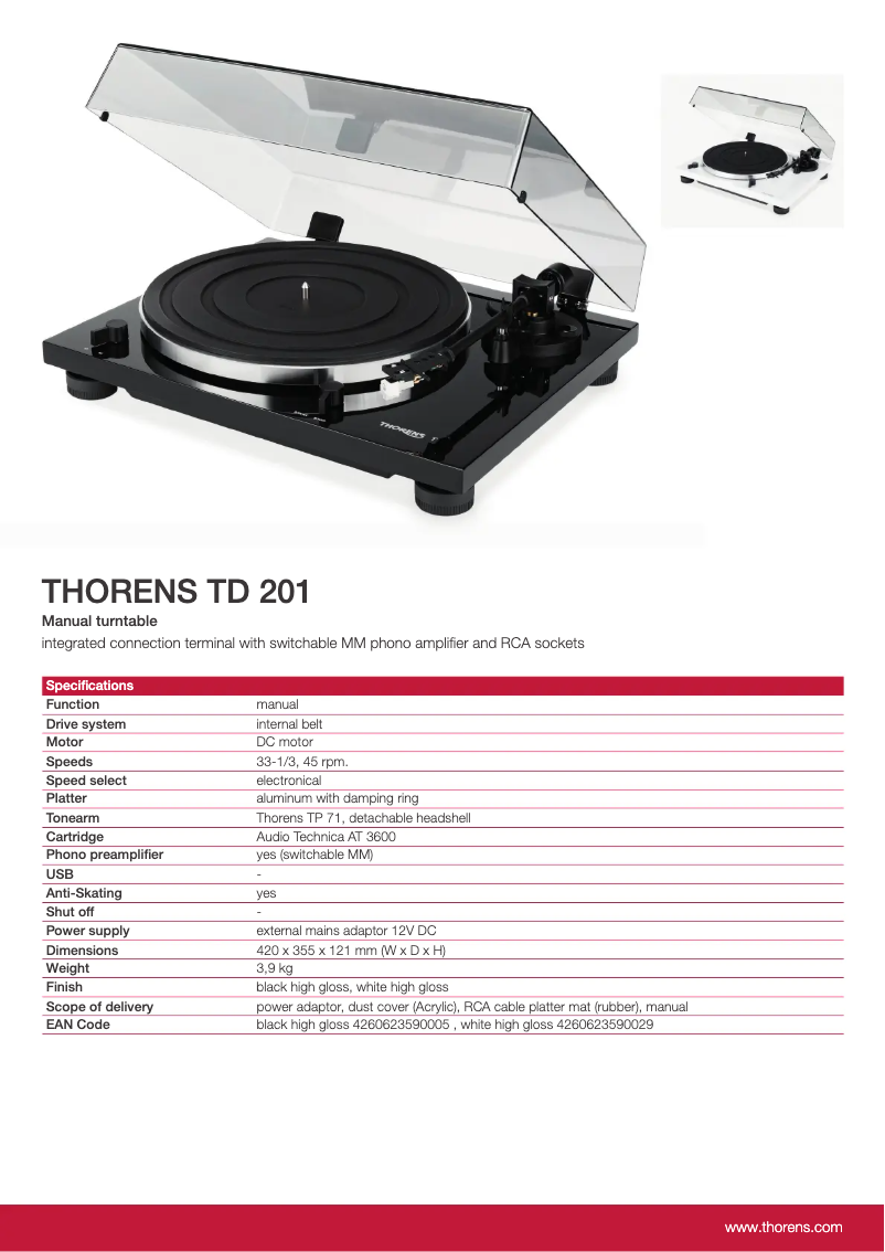 Page 1 de la notice Fiche technique Thorens TD 201
