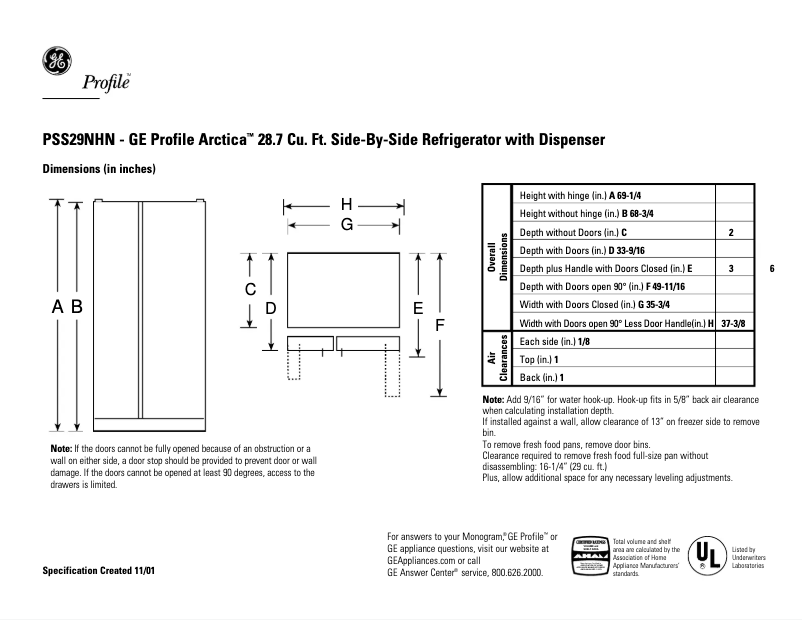 Page 1 de la notice Fiche technique GE PSS29NHNCC