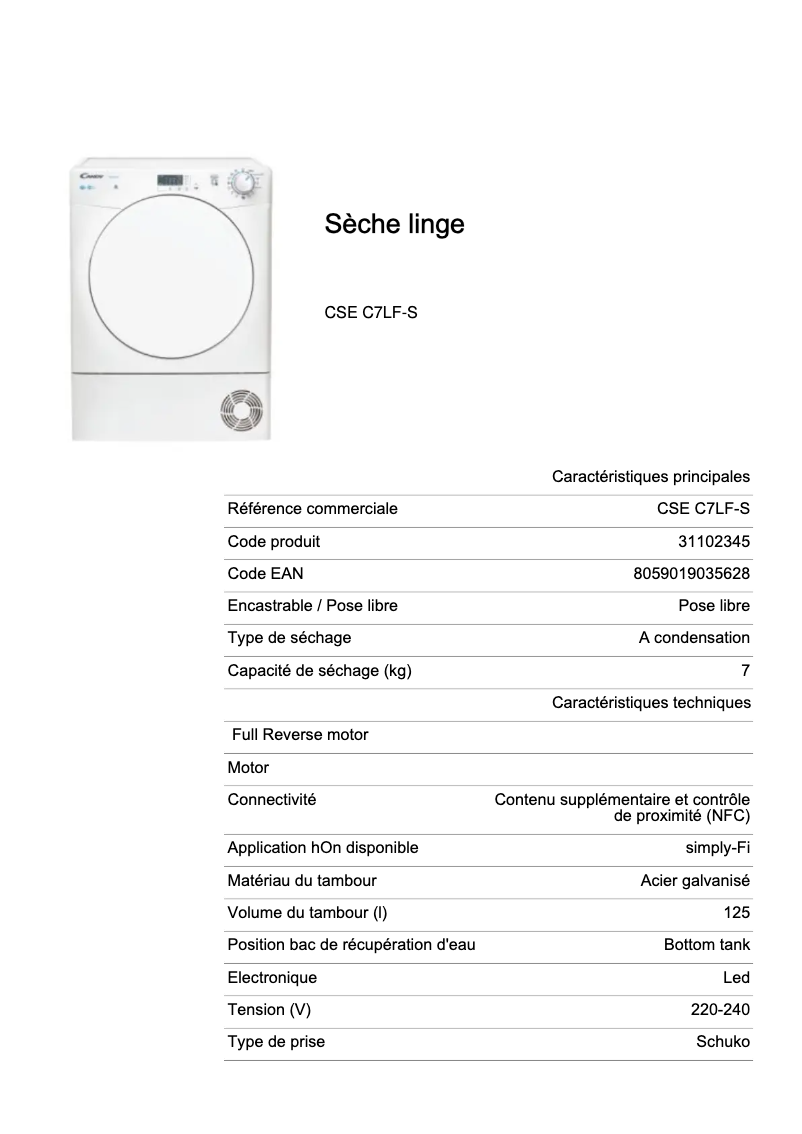Page 1 de la notice Fiche technique Candy CSE C7LF-S