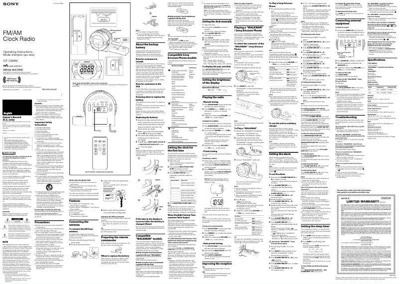 Page n°1 - Manuel utilisateur Sony ICF-C8WM