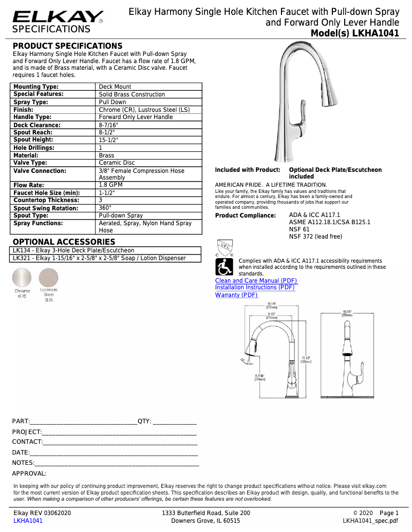 Página 1 del manual Ficha técnica Elkay LKHA1041CR