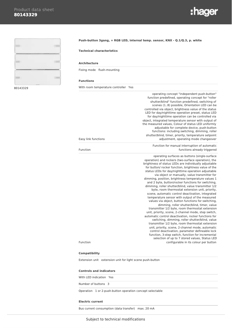 Page n°1 - Fiche technique Berker 80143329