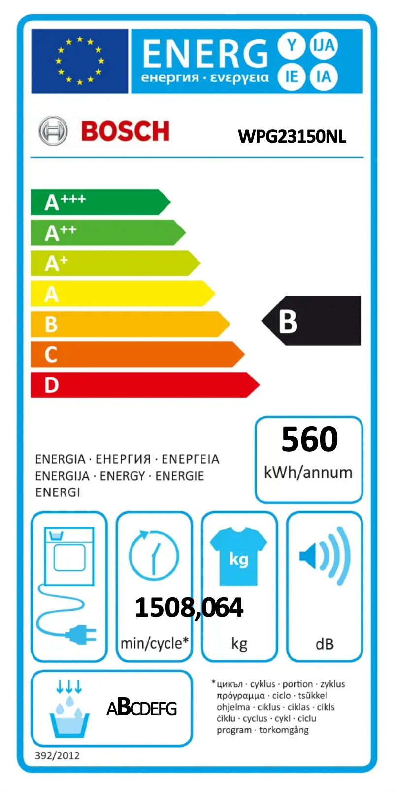 Page 1 de la notice Label énergétique Bosch WPG23150NL