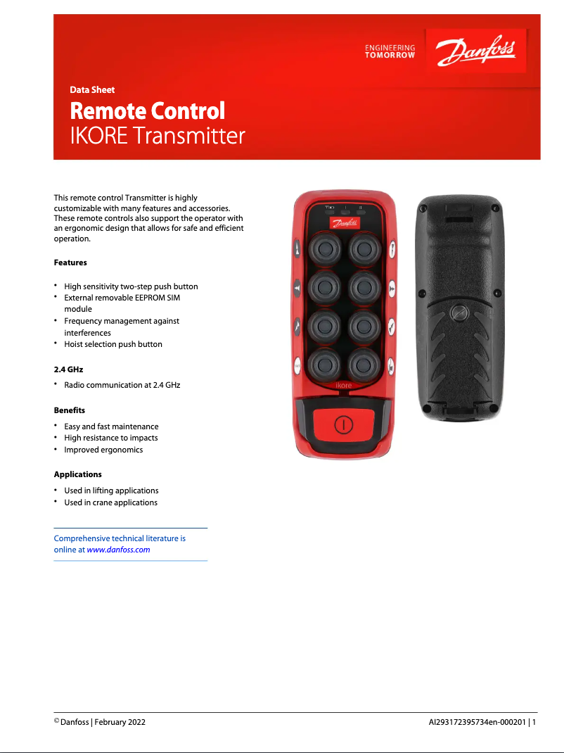 Page 1 of the manual Technical Sheet Danfoss Ikore