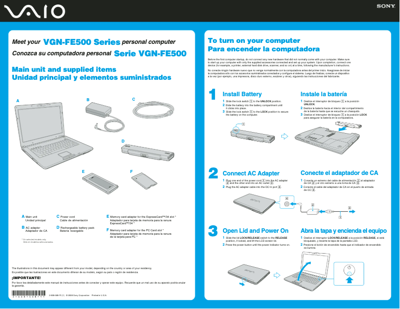 Page 1 de la notice Guide d'installation Sony Vaio VGN-FE590P