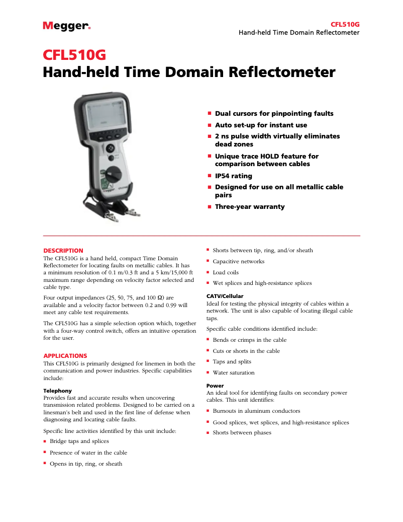 Page 1 de la notice Fiche technique Megger CFL510G