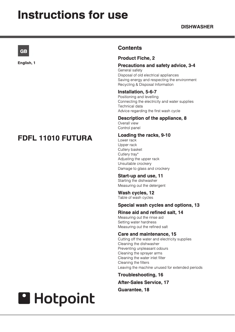 Page 1 de la notice Manuel utilisateur Hotpoint FDFL 11010 G Aquarius