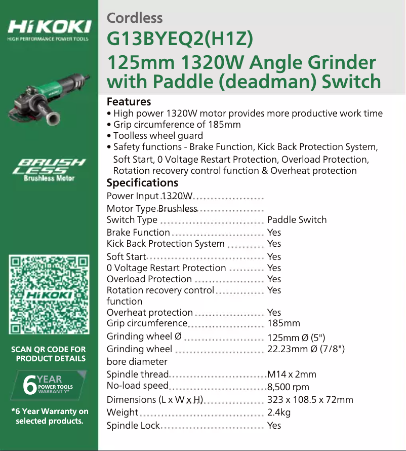 Page 1 de la notice Fiche technique HiKOKI G13BYEQ2