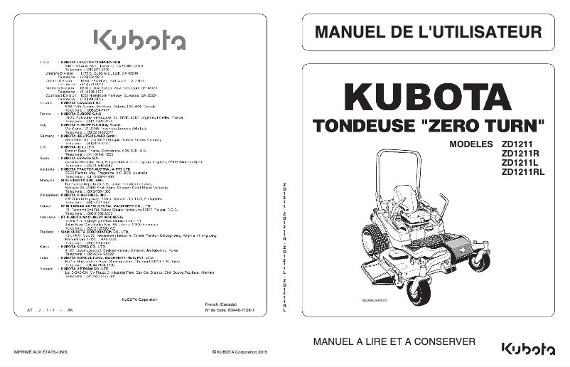 Page 1 de la notice Manuel utilisateur Kubota ZD1211