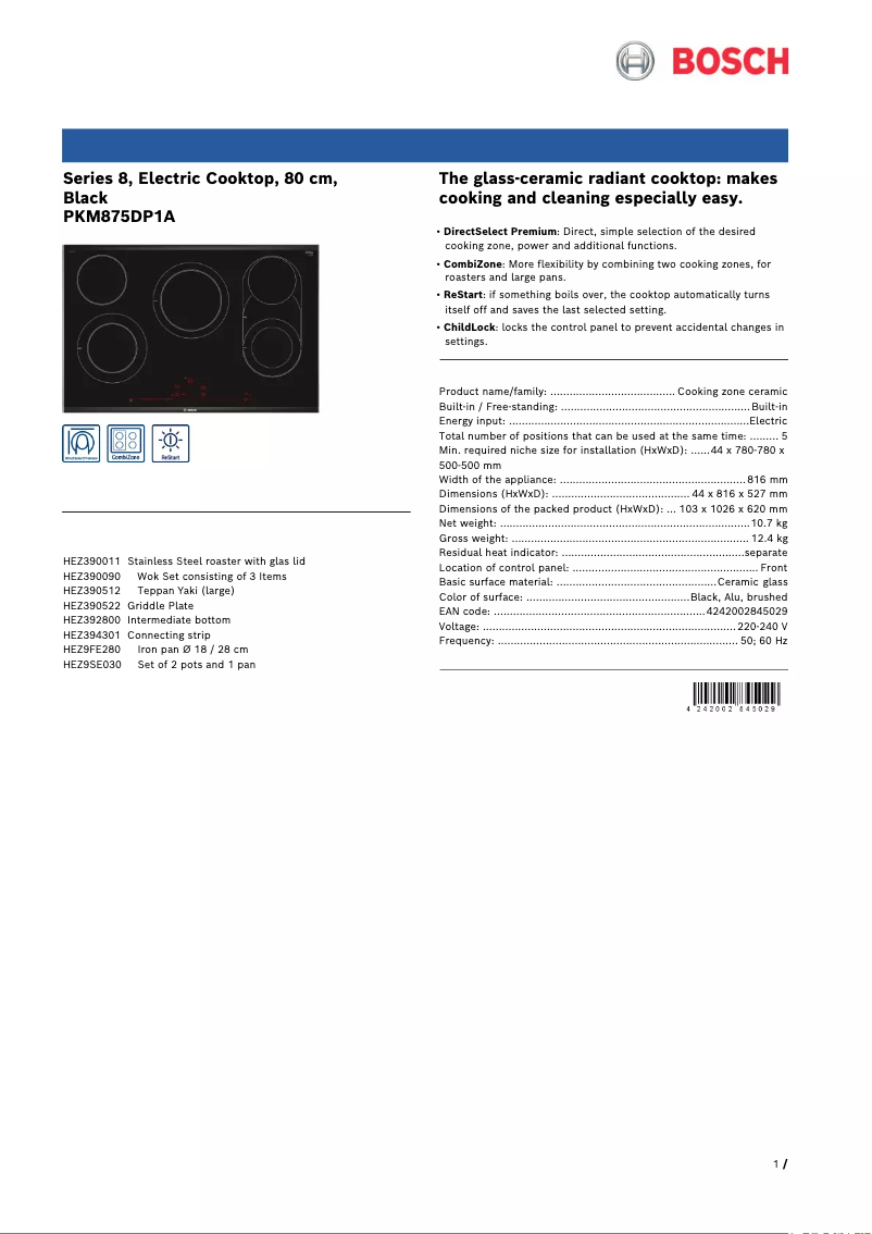 Página 1 del manual Ficha técnica Bosch PKM875DP1A