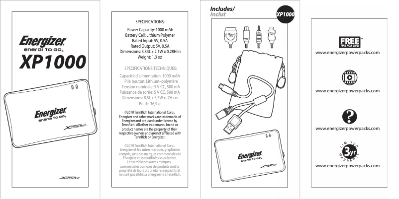 Page 1 de la notice Manuel utilisateur Energizer XP1000