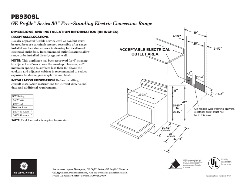 Page 1 de la notice Fiche technique GE Profile PB930SLSS