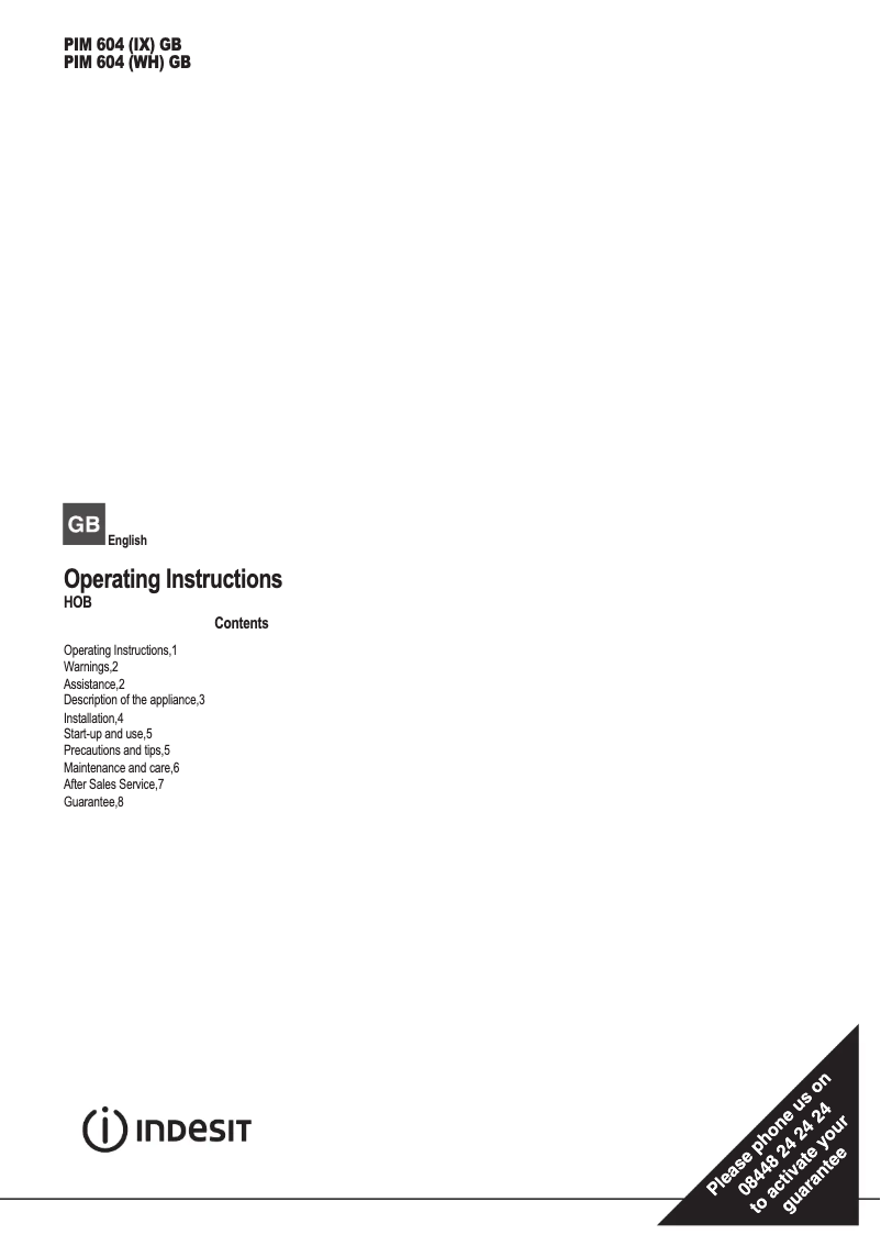 Page n°1 - Instructions / montage Indesit PIM 604 (WH) GB