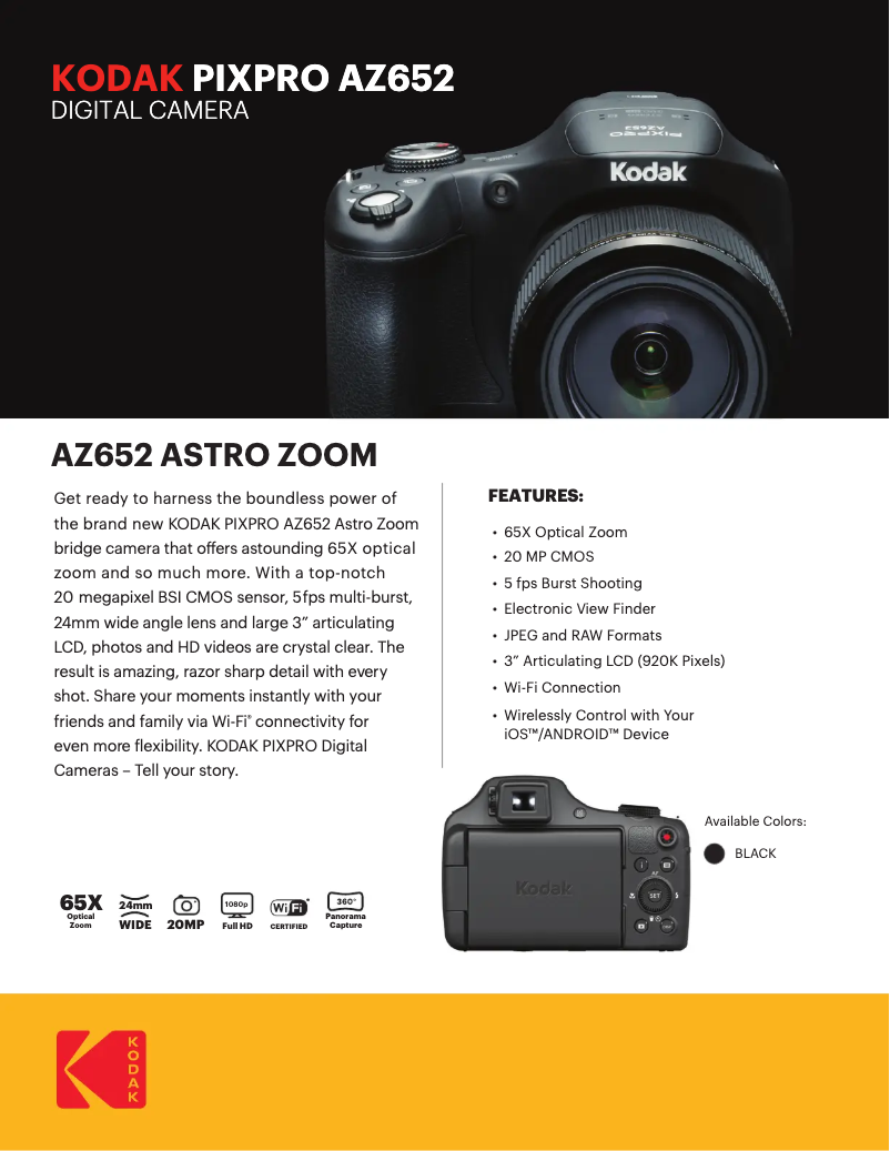 Page 1 de la notice Fiche technique Kodak PixPro AZ652
