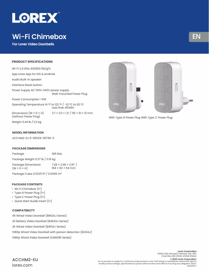 Página 1 del manual Ficha técnica Lorex ACCHM2-B
