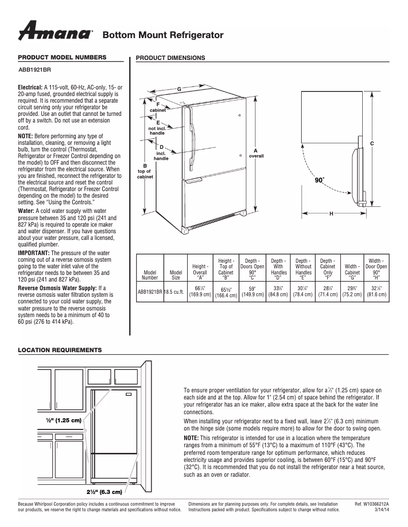 Page 1 de la notice Fiche technique Amana ABB1921BR