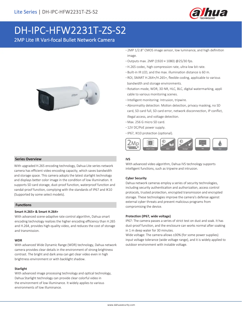 Page 1 de la notice Fiche technique Dahua Technology IPC-HFW2231T-ZS-S2