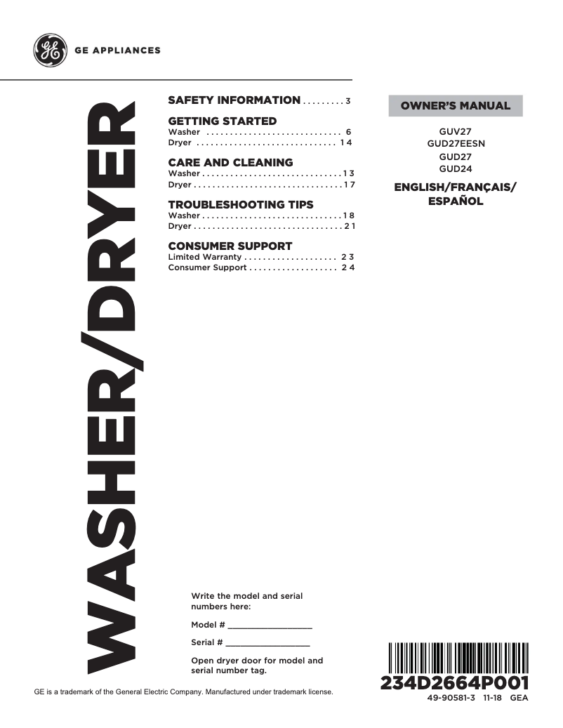 Page 1 de la notice Manuel utilisateur GE GUD27ESPMDG
