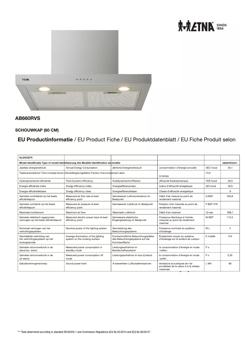 Page 1 de la notice Fiche technique Etna AB660RVS