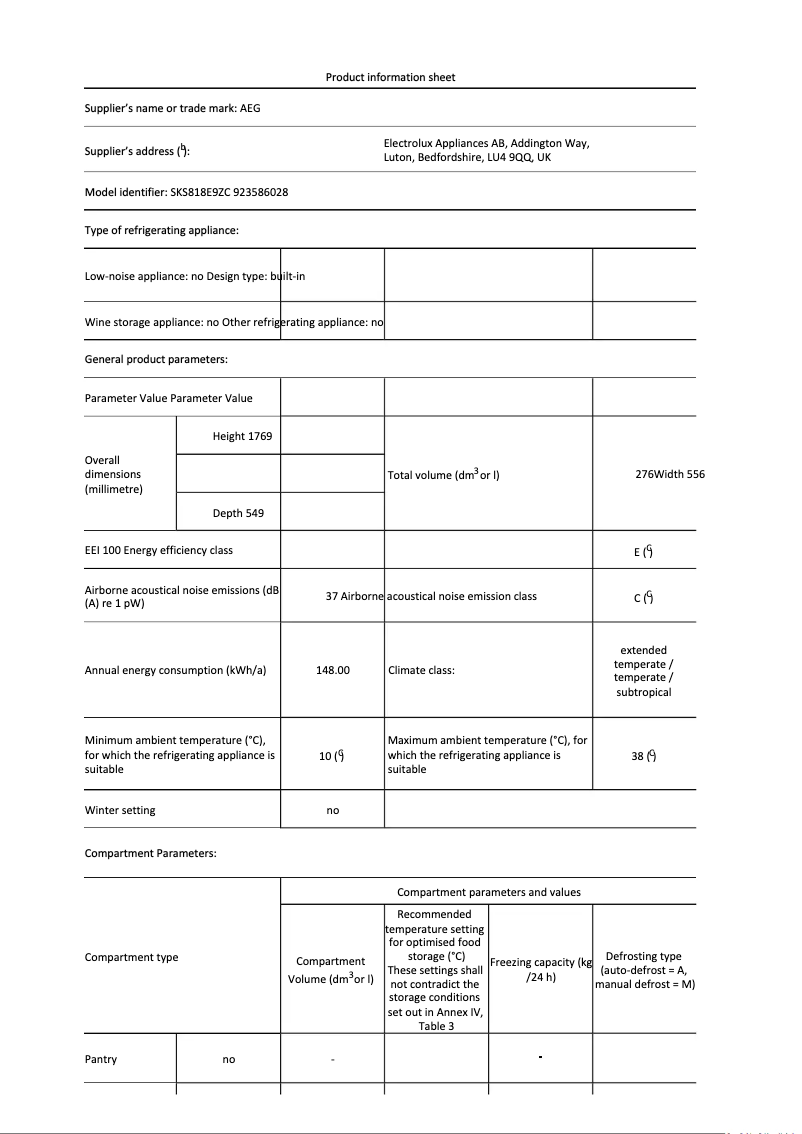 Page n°1 - Fiche technique AEG SKS818E9ZC