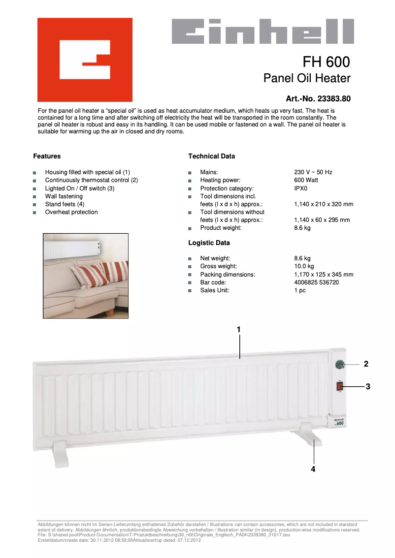 Page n°1 - Fiche technique Einhell FH 600