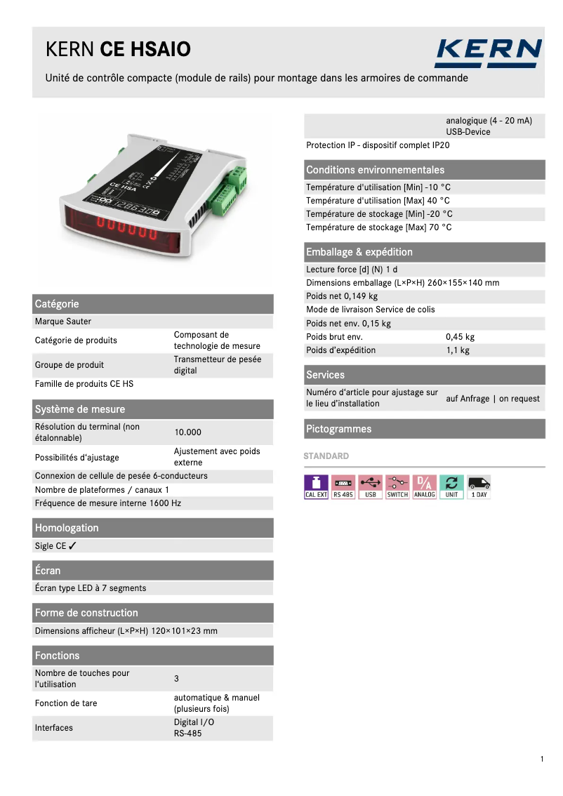 Page 1 de la notice Fiche technique Kern CE HSAIO