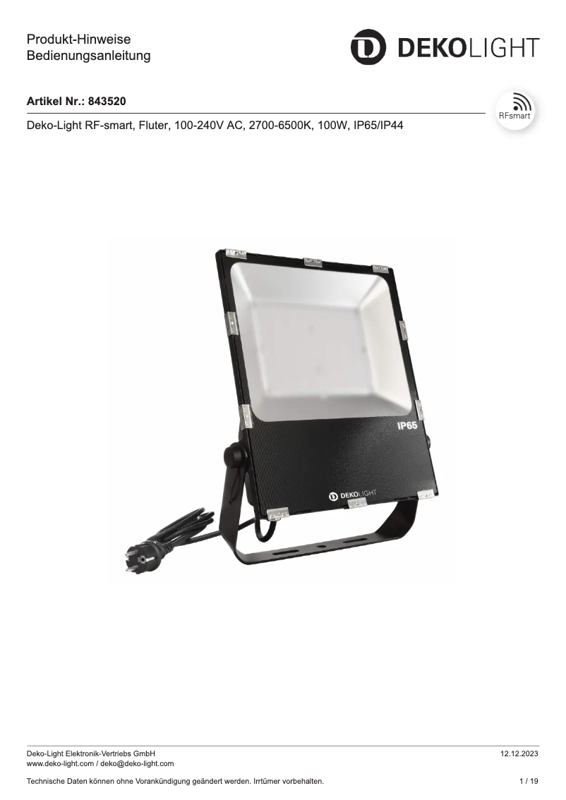 Page 1 de la notice Manuel utilisateur Deko-Light 843520