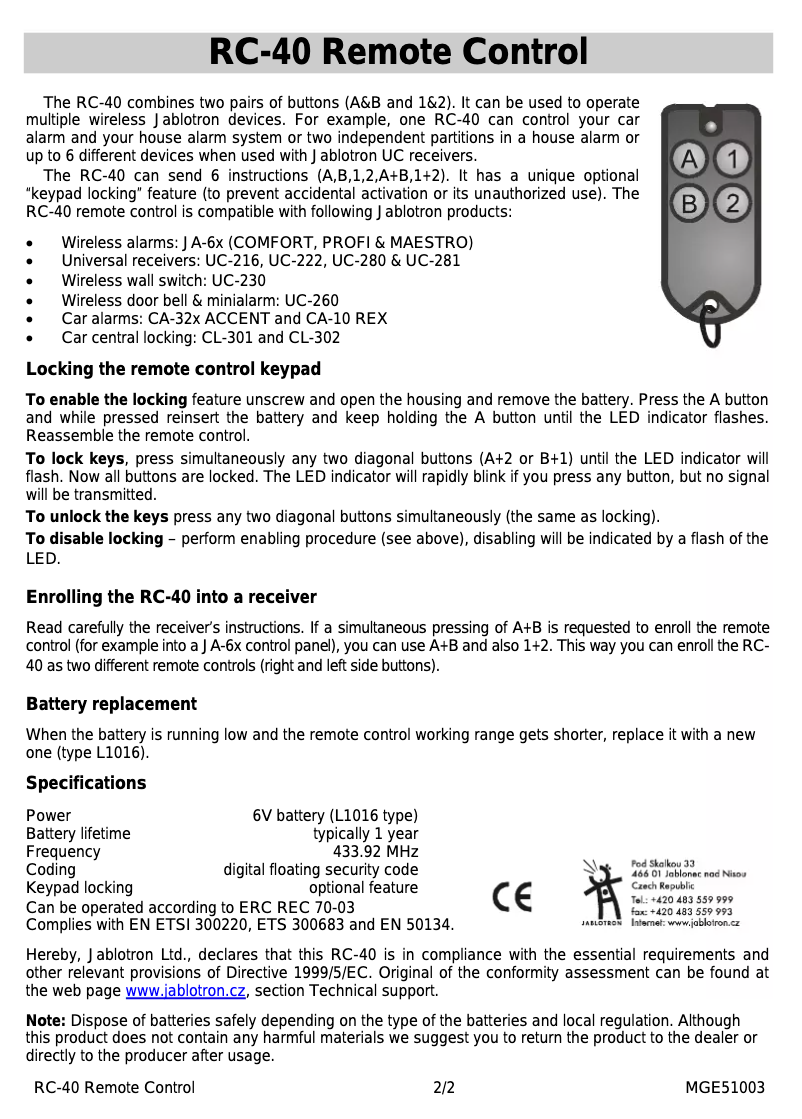 Image de la première page du manuel de l'appareil RC-40