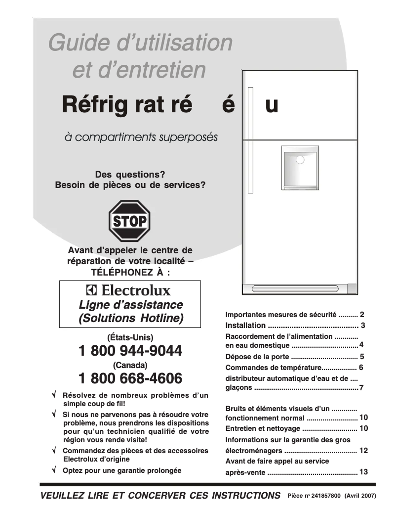 Page 1 de la notice Manuel utilisateur Frigidaire PLT189WJKM