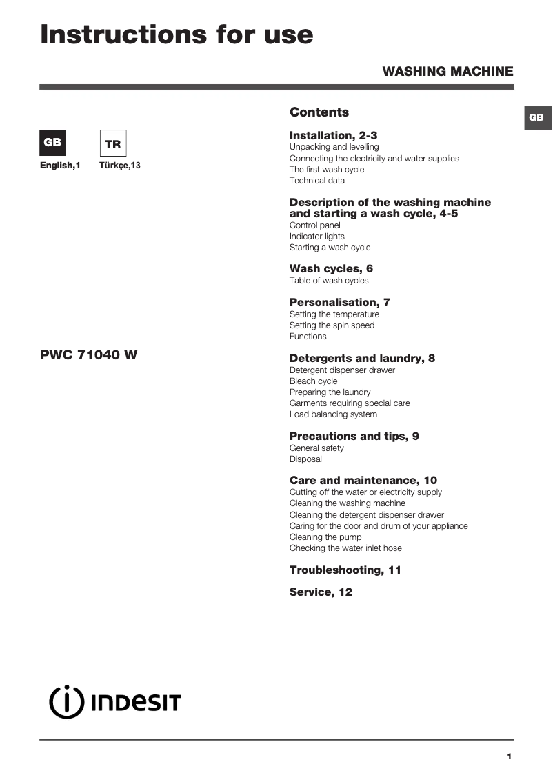 Page n°1 - Manuel utilisateur Indesit PWC 71040 W