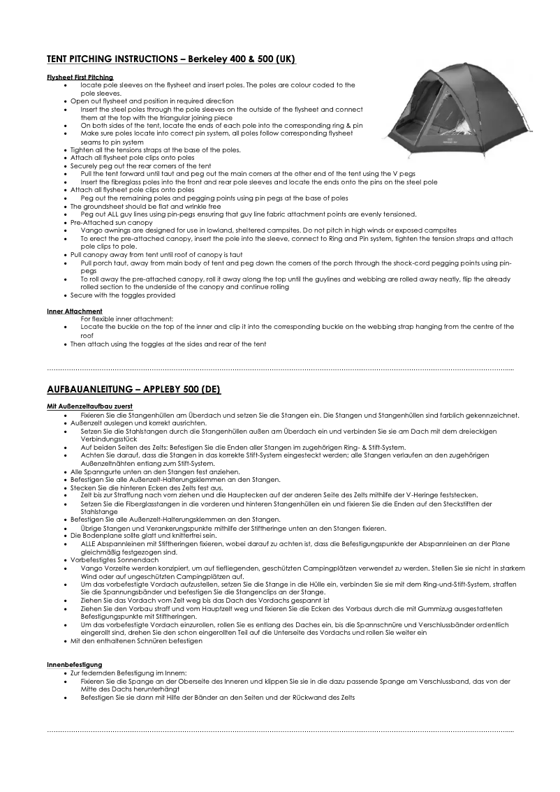 Page 1 de la notice Manuel utilisateur Vango Berkeley 400