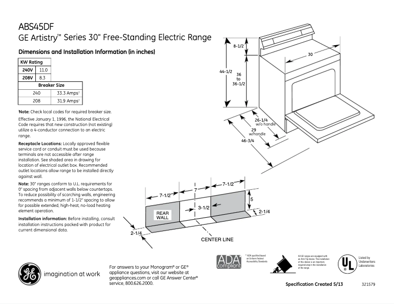 Page 1 de la notice Fiche technique GE Artistry ABS45DFBS