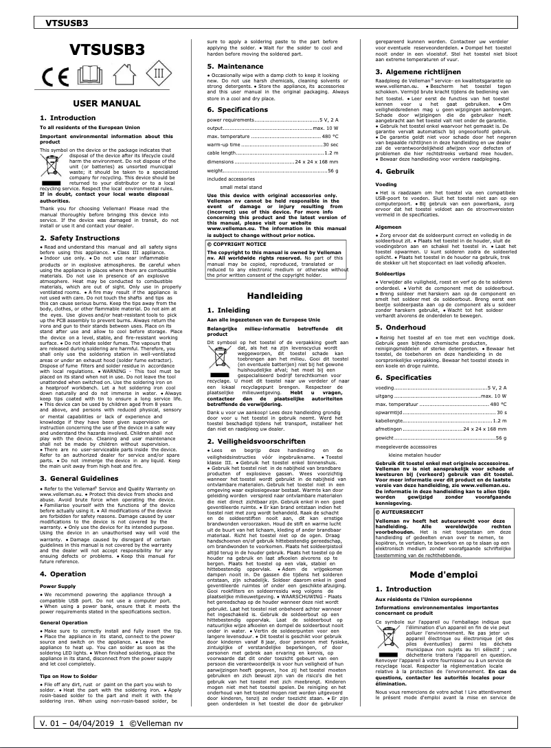 Page 1 de la notice Manuel utilisateur Velleman VTSUSB3