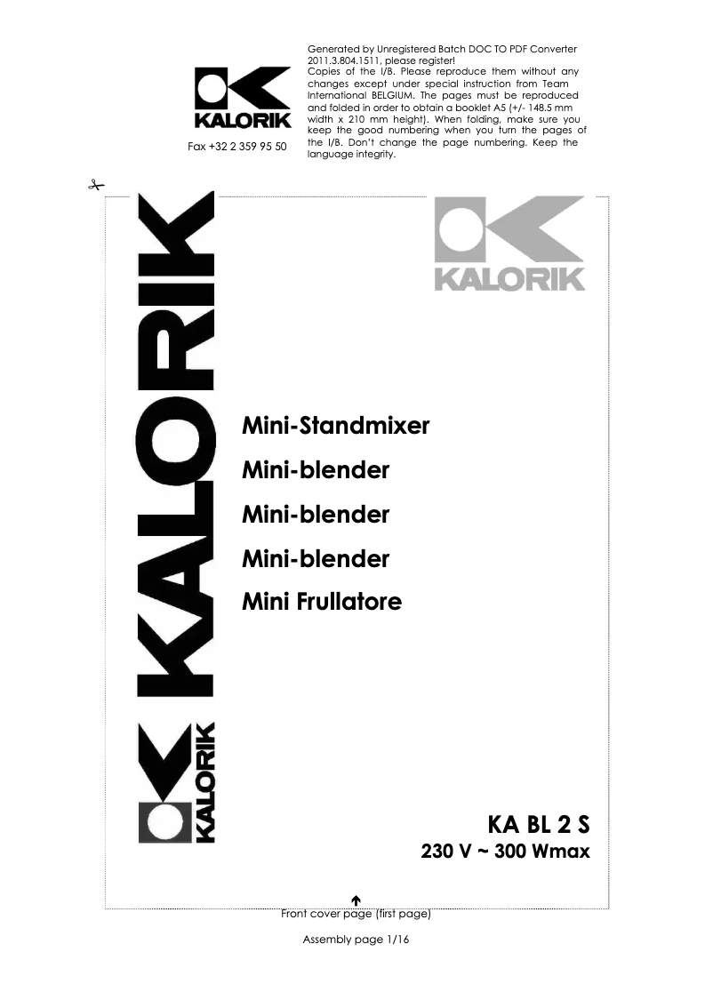 Page 1 de la notice Manuel utilisateur Kalorik KA BL 2 S