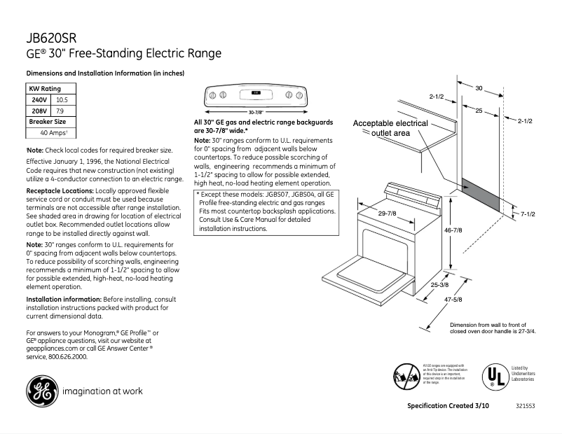 Page 1 de la notice Fiche technique GE JB620SRSS