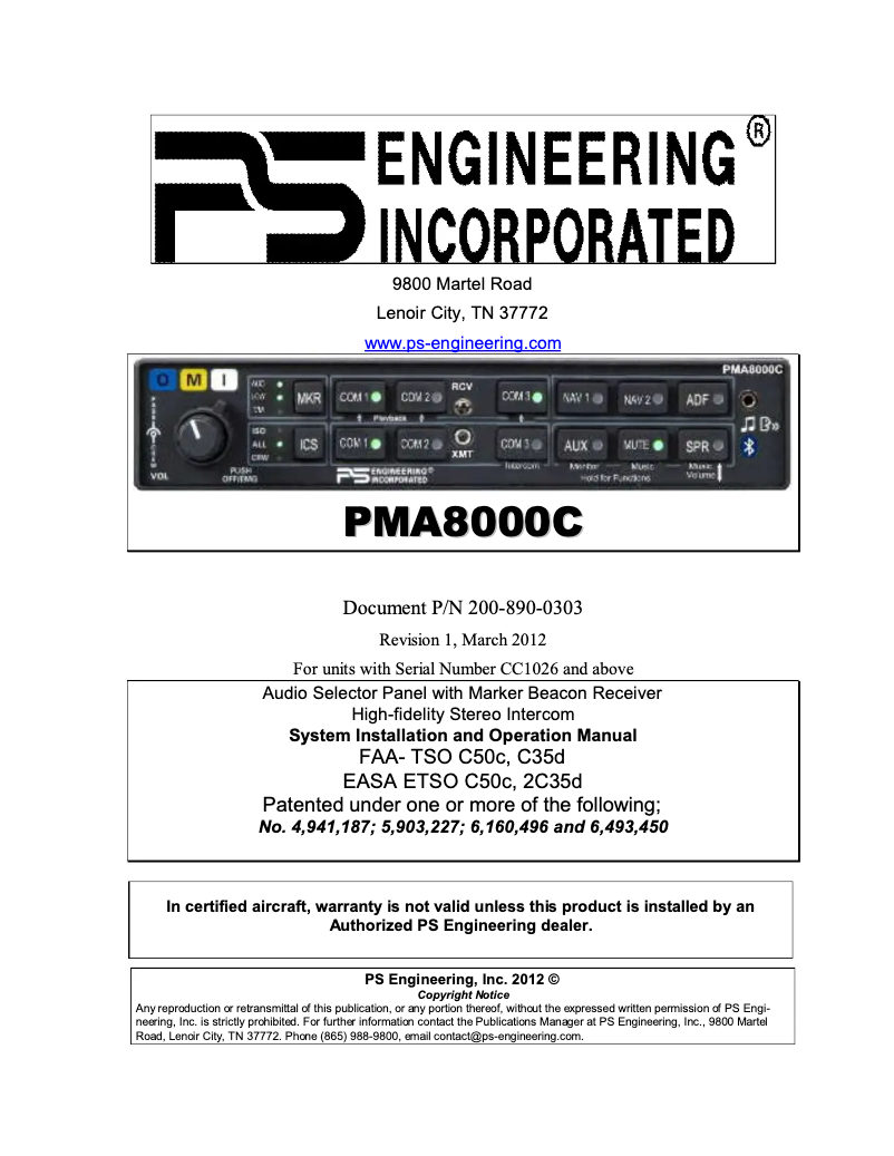 Page n°1 - Manuel utilisateur PS Engineering PMA8000C