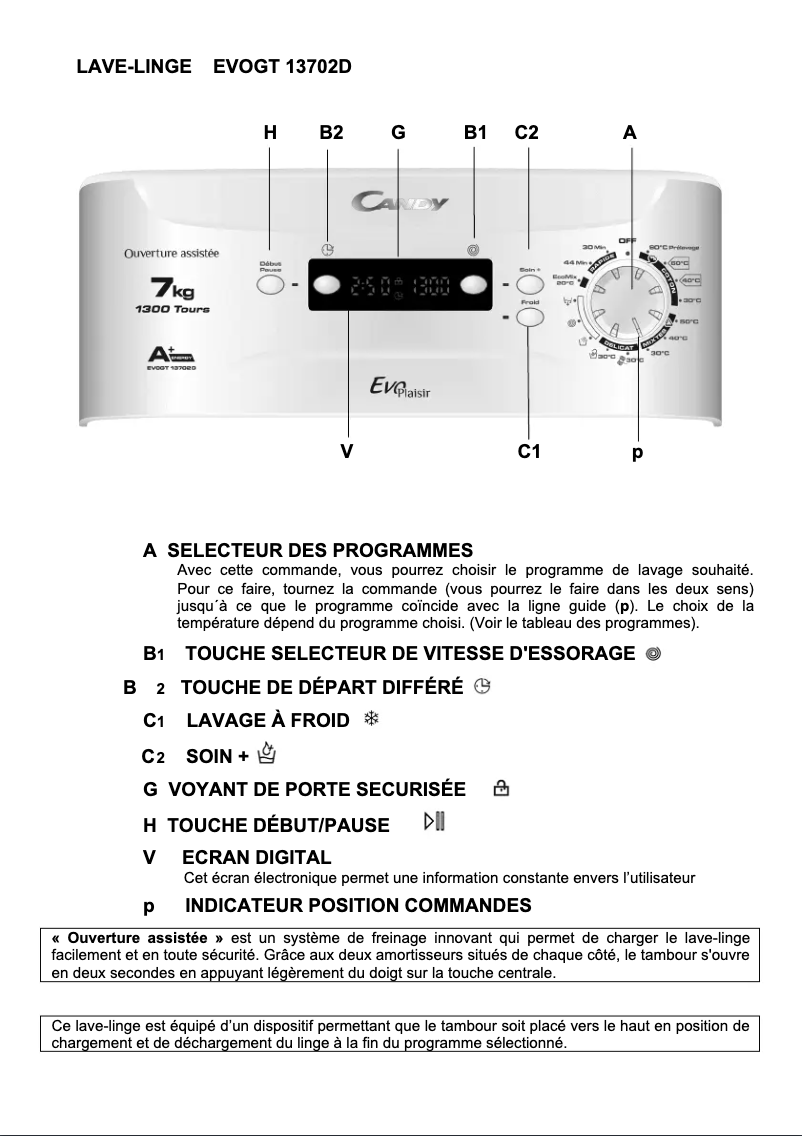 Page 1 de la notice Manuel utilisateur Candy EVOGT 13702D-47