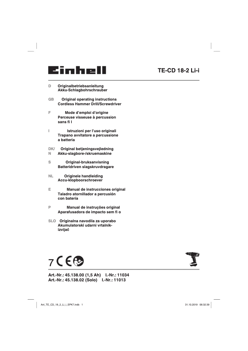 Page 1 de la notice Manuel utilisateur Einhell TE-CD 18-2 Li-i-Solo