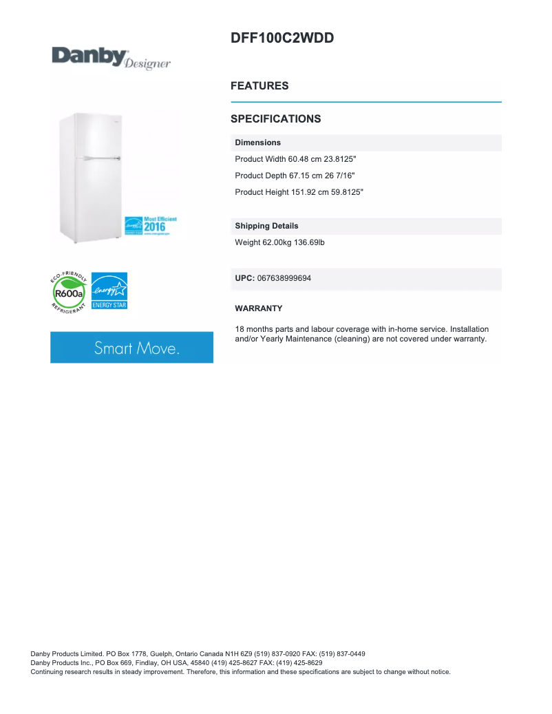 Página 1 del manual Ficha técnica Danby DFF100C2