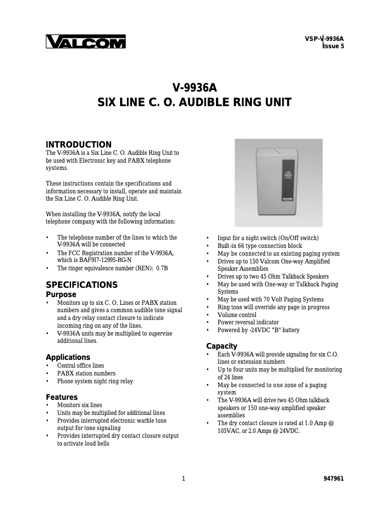 Image de la première page du manuel de l'appareil V-9936A