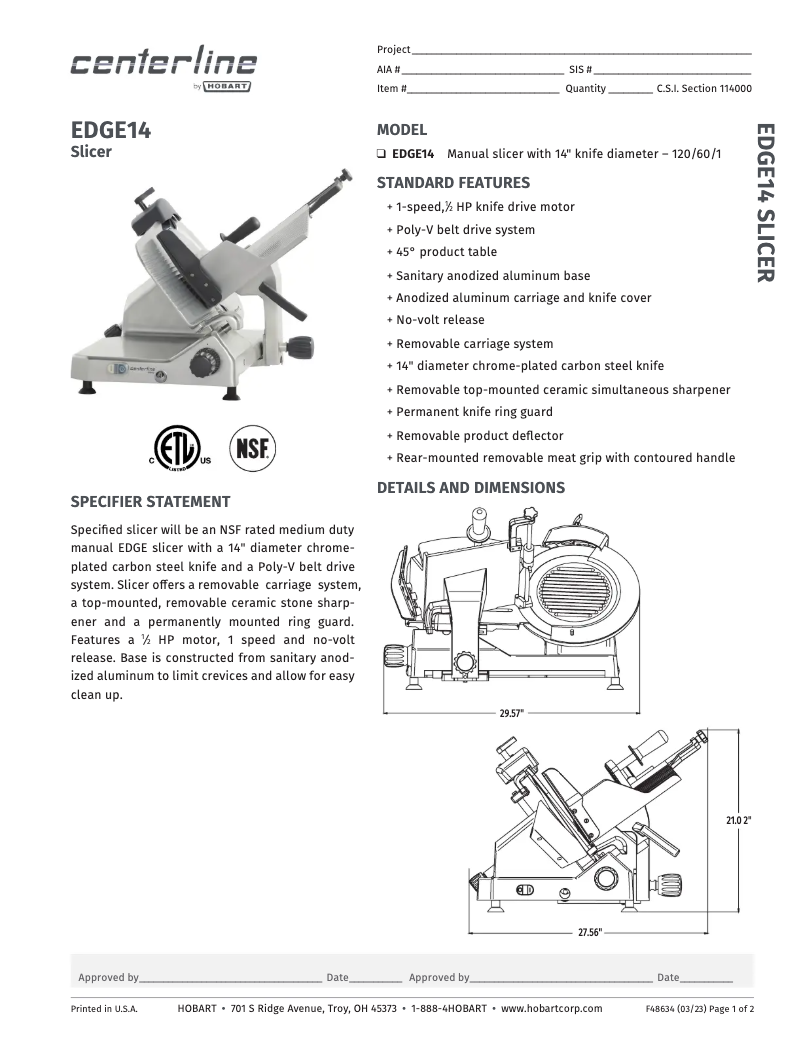 Page 1 de la notice Fiche technique Centerline EDGE14