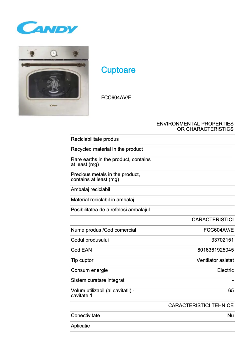 Page n°1 - Fiche technique Candy FCC604AV/E