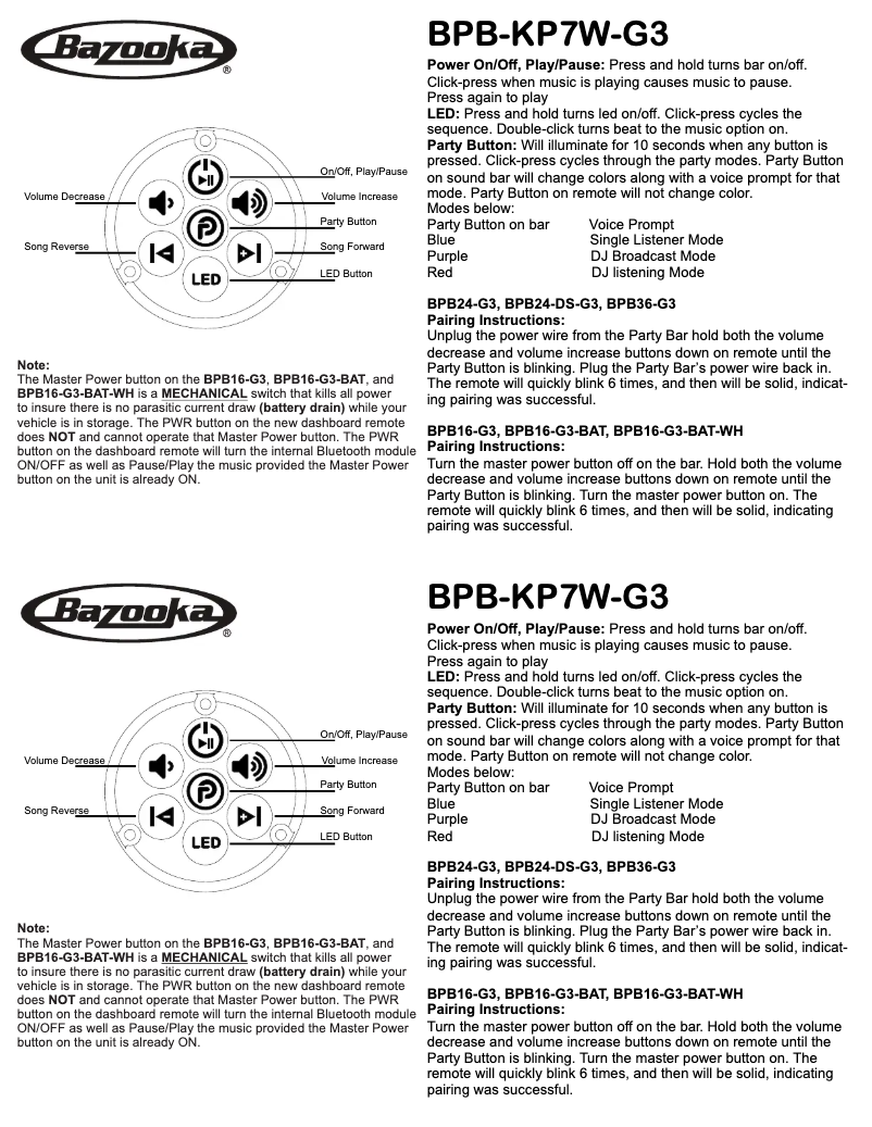 Page 1 de la notice Manuel utilisateur Bazooka BPB-KP7W-G3