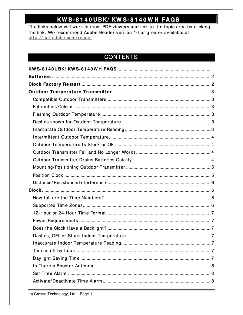 Page 1 de la notice FAQ La Crosse Technology KWS-8140-BK