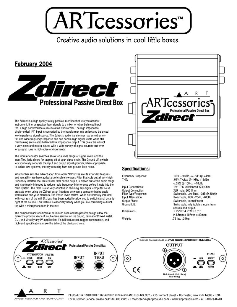 Page 1 de la notice Fiche technique ART Zdirect