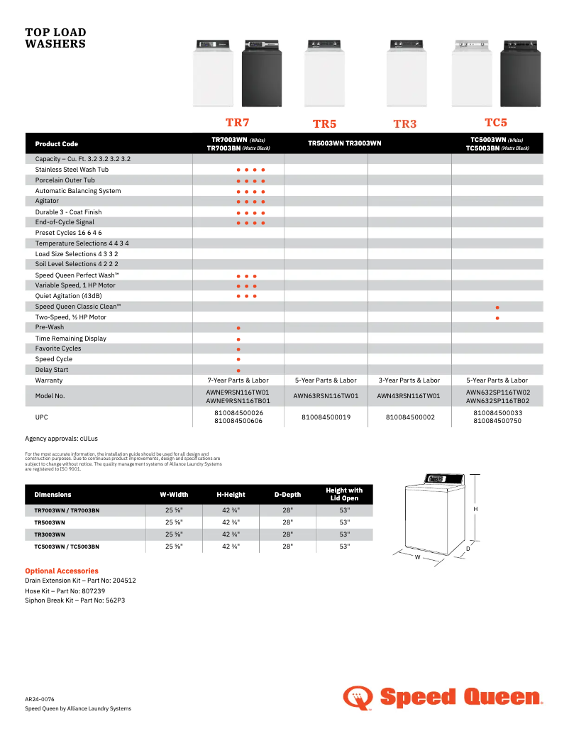 Page n°1 - Fiche technique Speed Queen AWN632SP116TW02