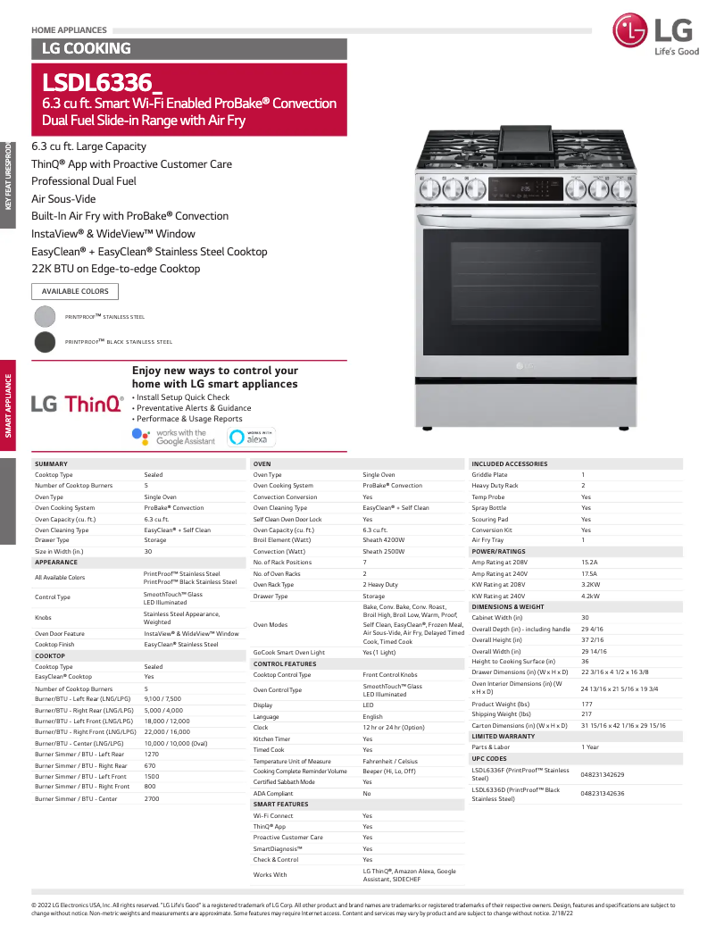 Page 1 de la notice Fiche technique LG LSDL6336D