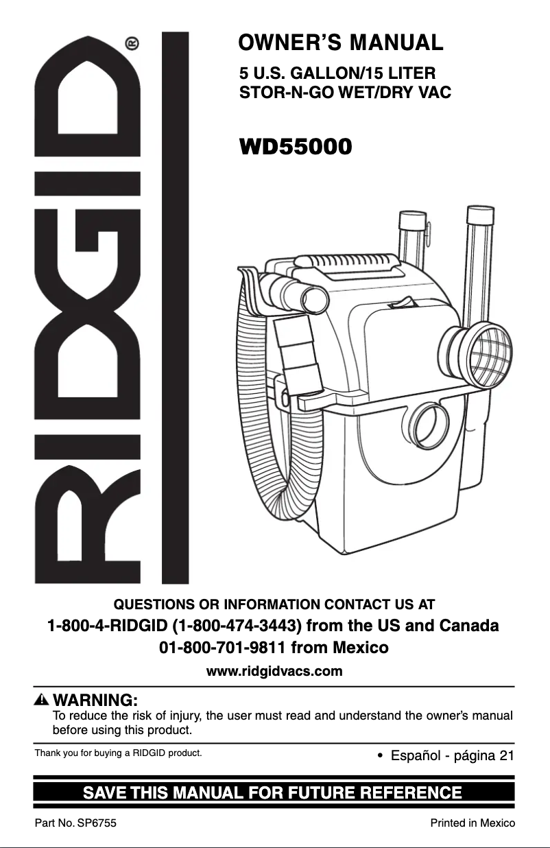 Page 1 de la notice Manuel utilisateur Ridgid WD642506