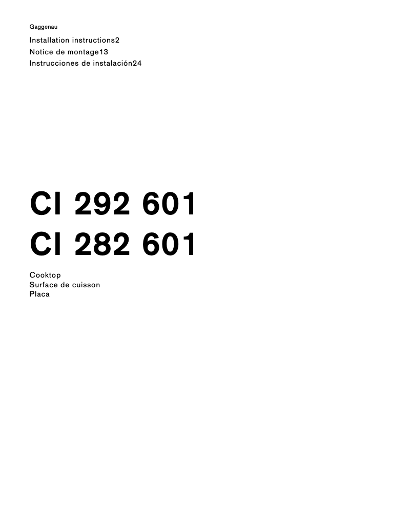 Page n°1 - Guide d'installation Gaggenau CI292601
